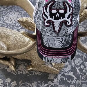 Womens Skull and Antler Cap - Black, White, Pink